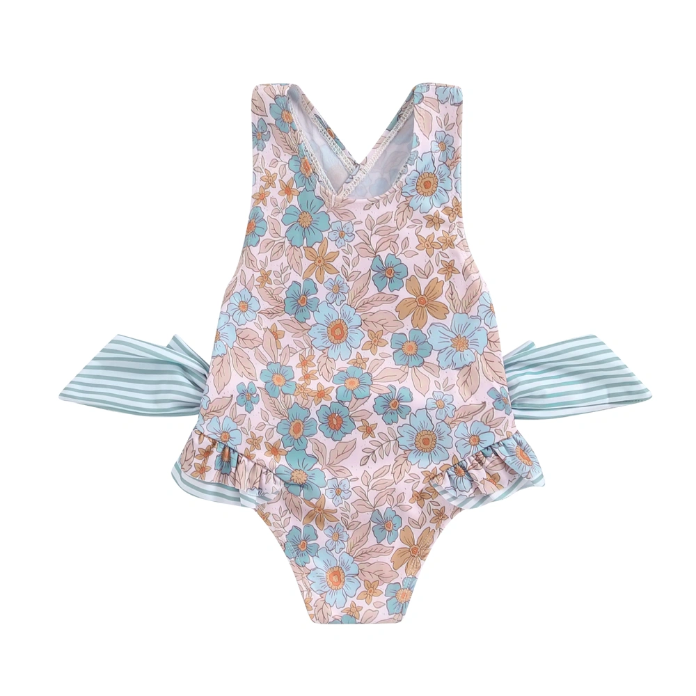 Girl Swimsuit Floral Print Sleeveless U-Neck Ruffled Bathing Suits