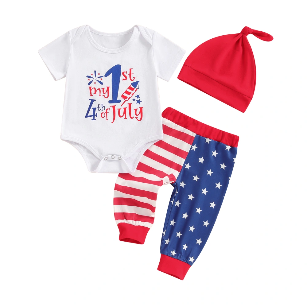 Baby Boy 4th of July Outfits, Short Sleeve Romper Striped Pants Hat 