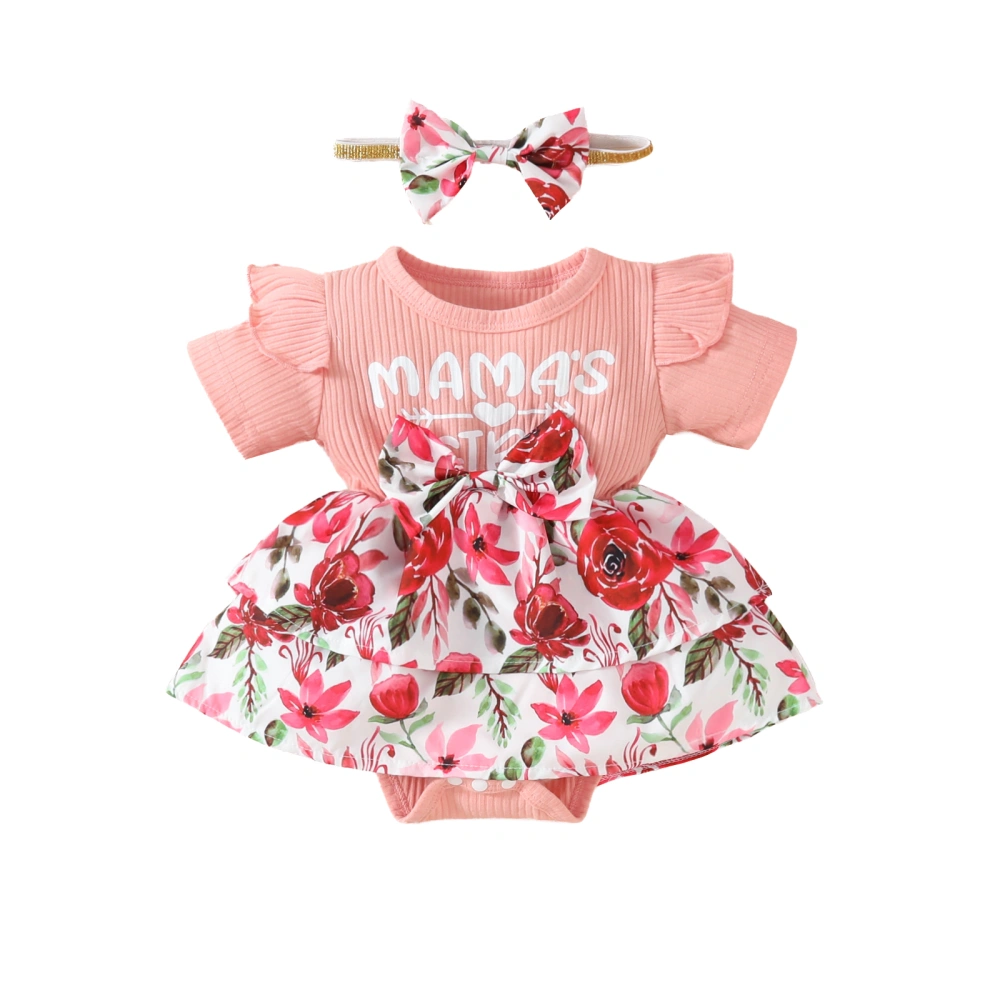 Baby Girl Outfit, Short Sleeve Letters Flower Romper Dress Headband