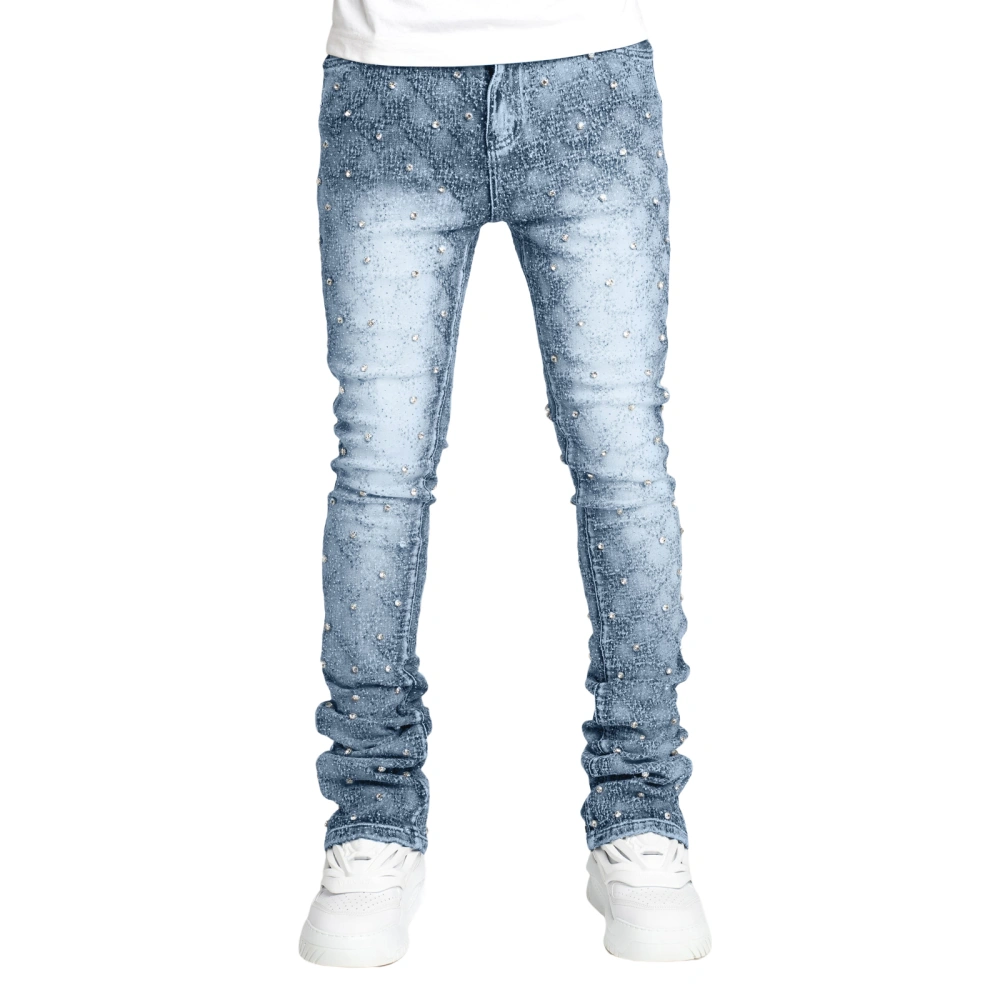 Men Skinny Jeans Fashion Rhinestone Denim Pants with Pockets