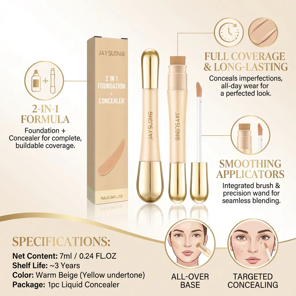 Liquid Concealer, 2-in-1 Full Coverage Foundation Cosmetics with Brush