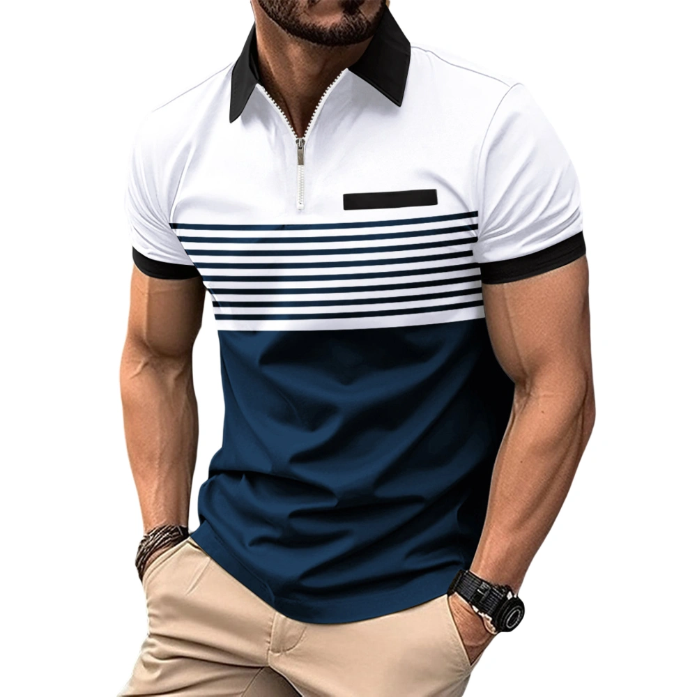 Men’s Shirt, Short Sleeve Zipped Striped Contrast Color Summer Tops