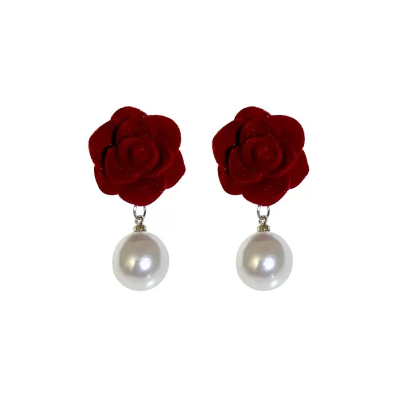 Flocked Rose Pearl Temperament Ear Studs Sweet Versatile Earrings