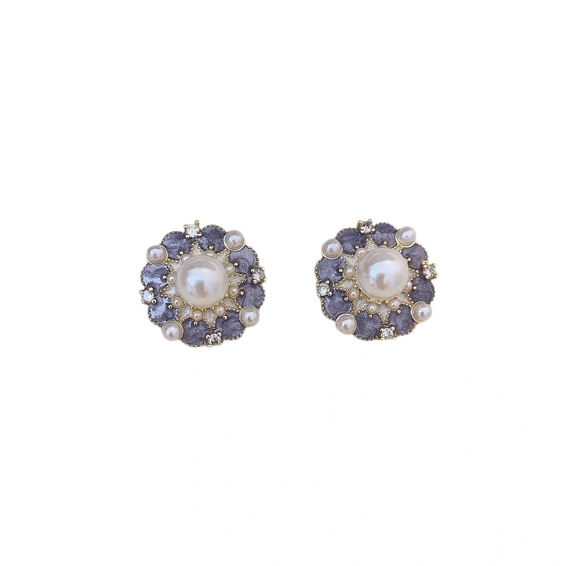 Purple Crystal Pearl Stud Earrings Round Pierced Earrings for Women