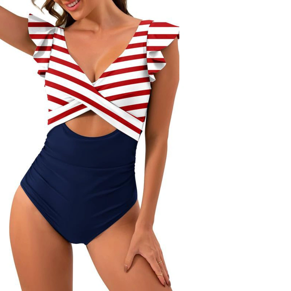 Women's Monokini Swimsuit V Neck Ruffle Sleeve Striped Bathing Suit 