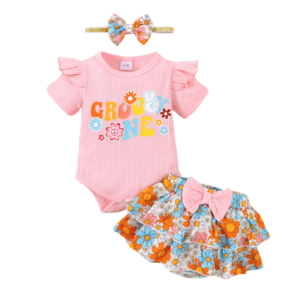 Baby Girl Summer Set, Short Sleeve Ribbed Romper Shorts Bow Headband 