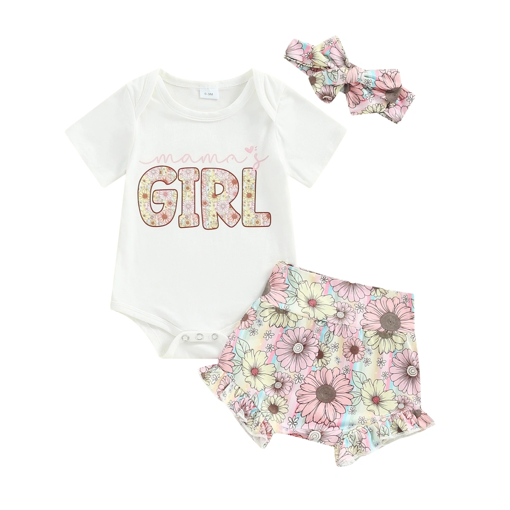 Baby Girls Summer Outfit Romper + Sunflower Shorts + Headband