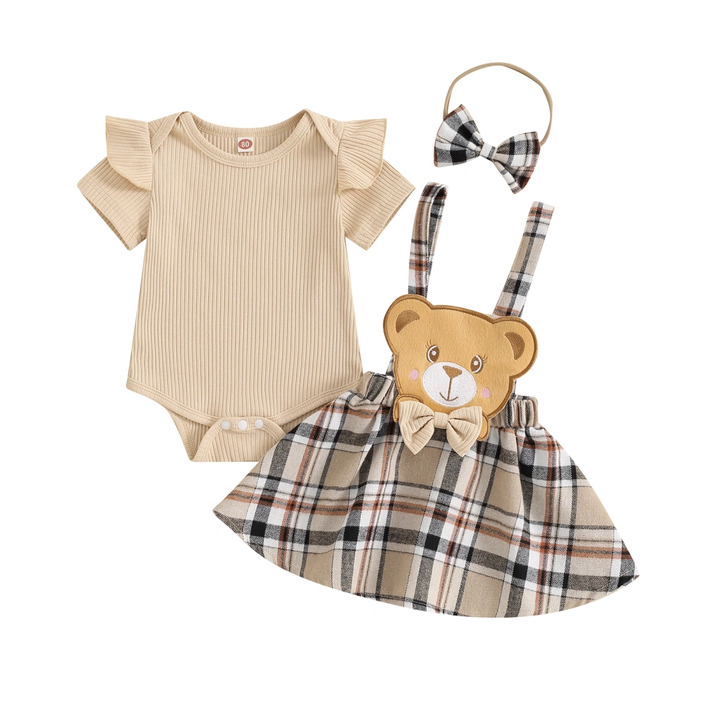 Baby 3PCS Sets Short Sleeve Romper Plaid Suspender Skirt Headband Sets