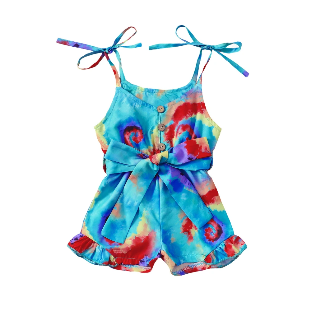 Girl Jumpsuit Sleeveless Tie Dye/Stars Print Button Playsuit with Belt