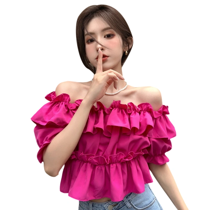 Women T-shirt, Off-shoulder Ruffled Pleated Solid Summer Crop Top