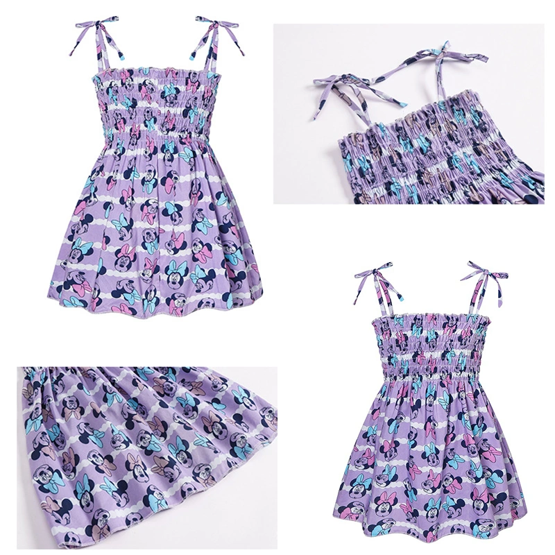 Kids Girls Dress Cartoon Print Tie-Up Spaghetti Strap Casual Dress