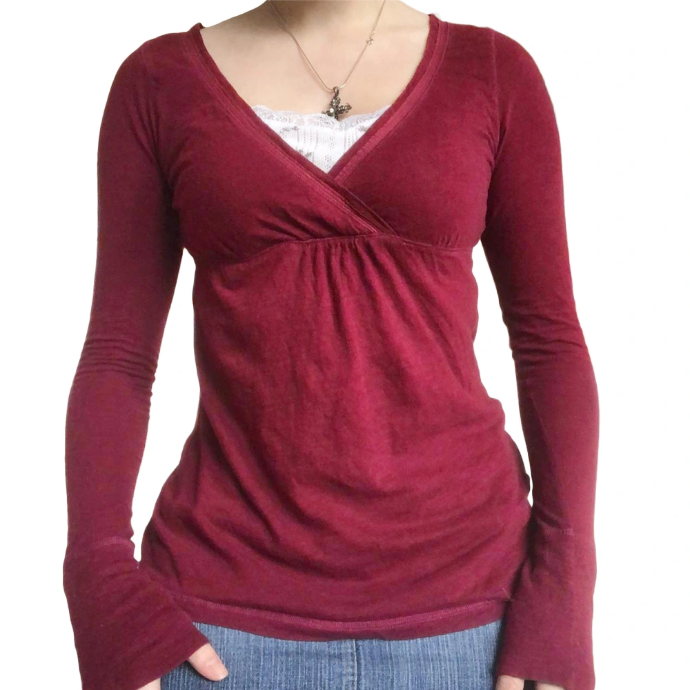 Women's Spring Slim Fit Tops Solid Color Long Sleeve V-Neck T-Shirt 