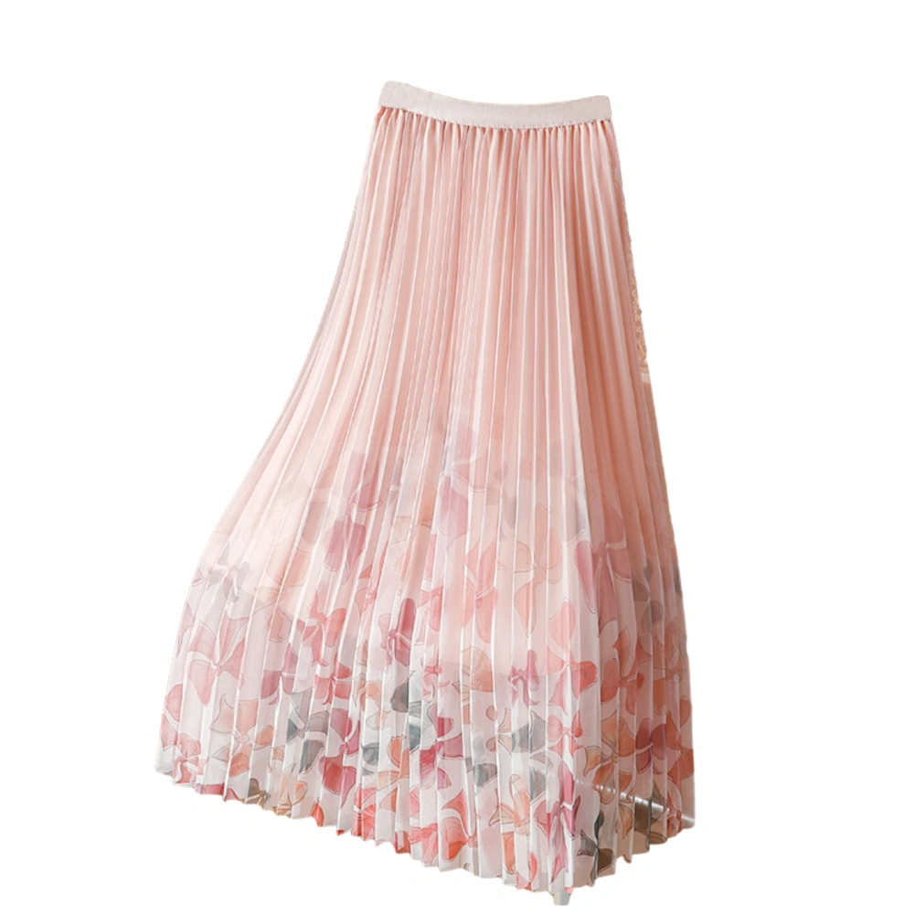 Women's Midi Skirt Bow Print Elastic Waist Pleated A-Line Mesh Skirt