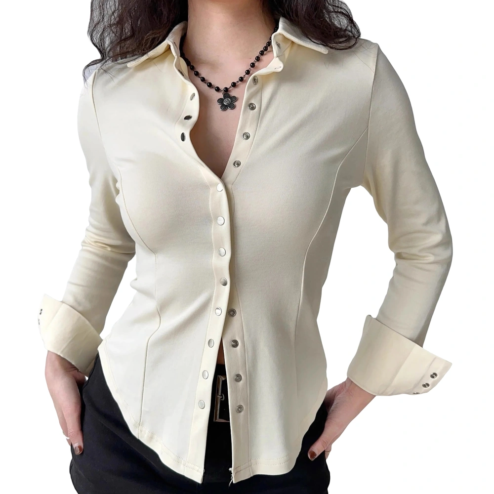 Women Button Down Shirts Solid Color Turn-Down Collar Blouses