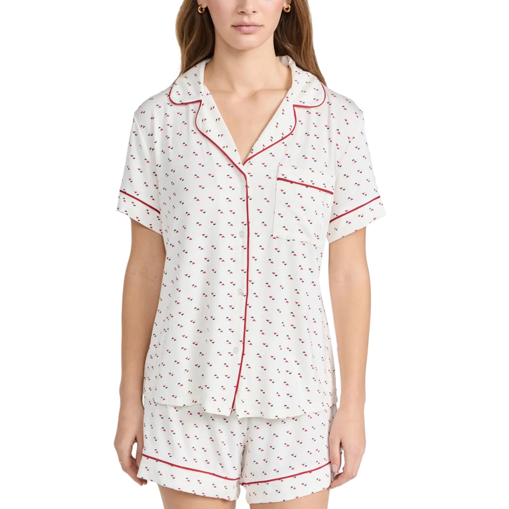 Women's Heart Pajama Set, Short Sleeve Button Down Tops Shorts 