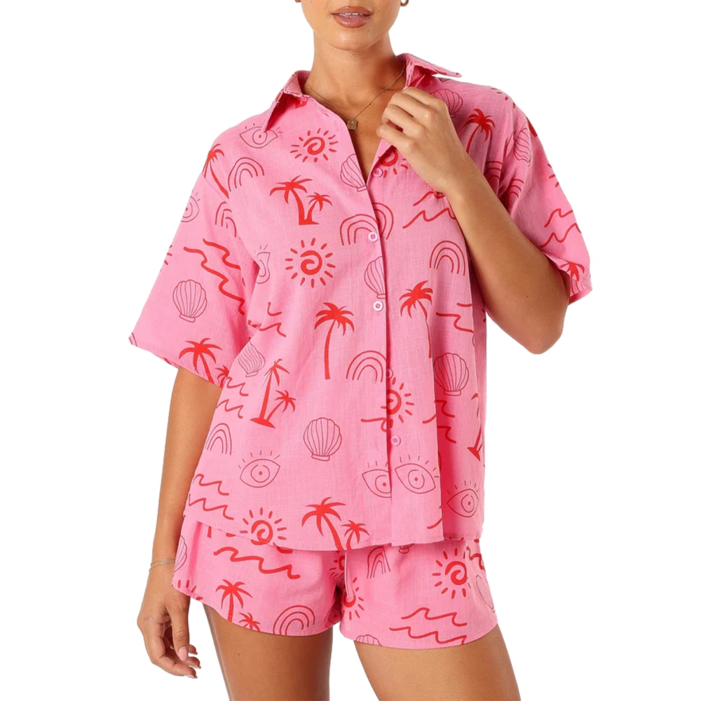 Women Lounge Set Short Sleeve Tops Sun Tropical Tree Print Shorts