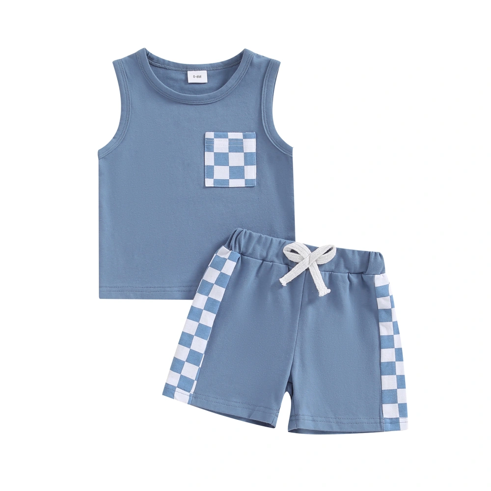 Baby Boy Summer Outfits Pocket Tank Tops + Checkerboard Shorts Set