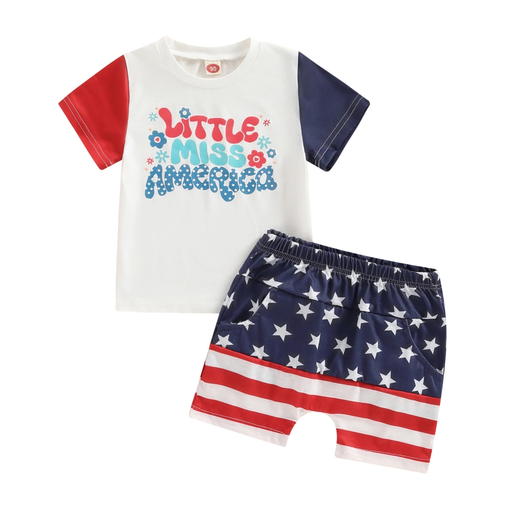 Girls 4th of July Outfit Letter Print T-Shirt and Star Stripe Shorts