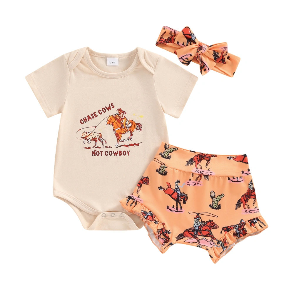 Baby Girls Western Outfits Horse Print Romper + Shorts + Headband