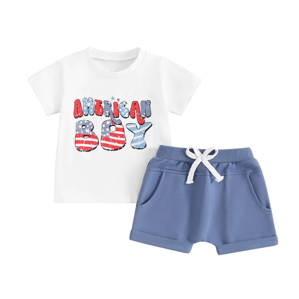 Boys 4th of July Shorts Sets Letter Print Tops Solid Color Shorts Sets