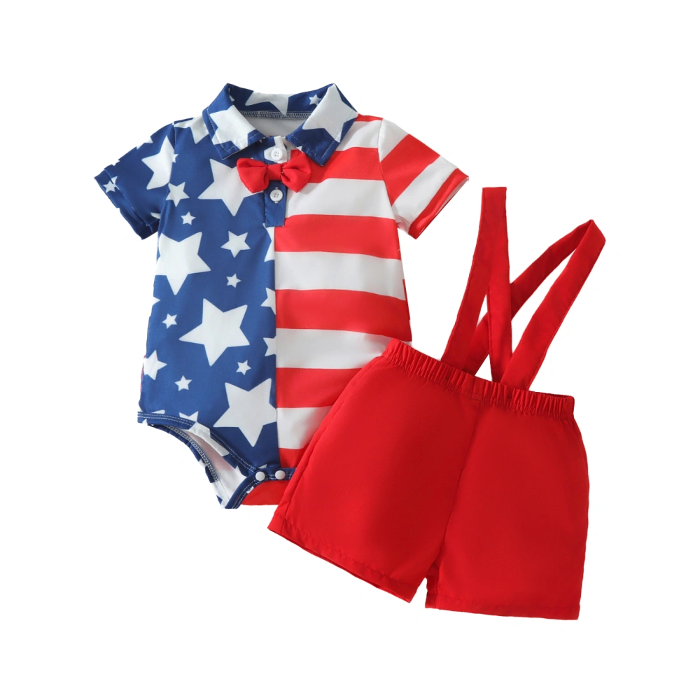 Baby Boy 4th of July Outfits, Lapel Neck Romper Suspender Shorts 