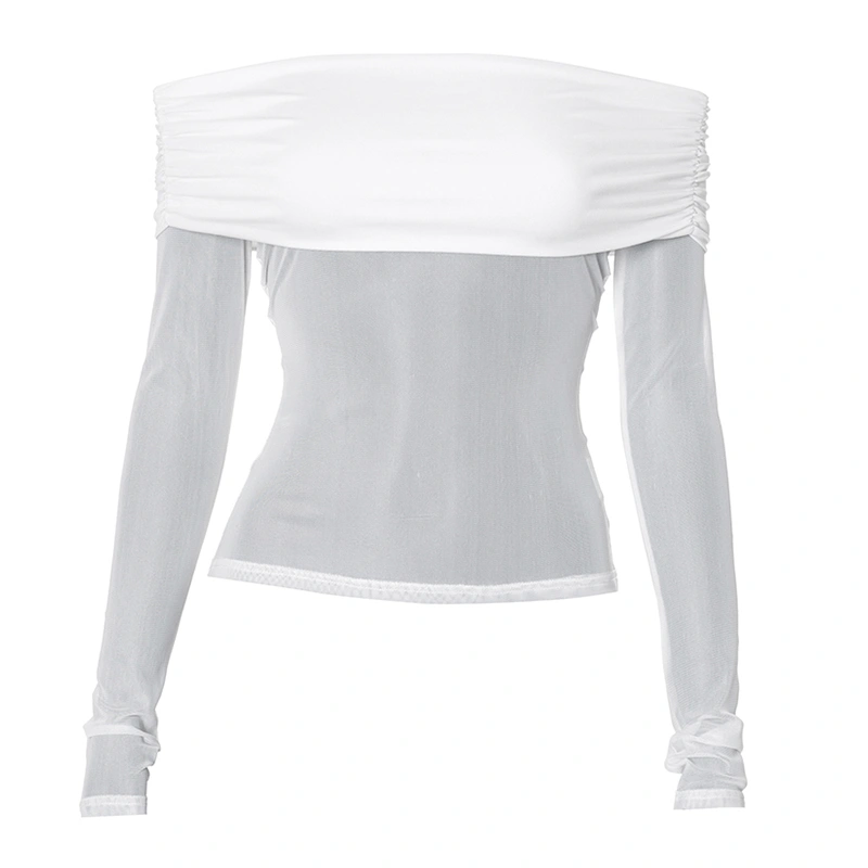 Women Basic Off-Shoulder Tops See-Through Mesh Long Sleeve Shirt