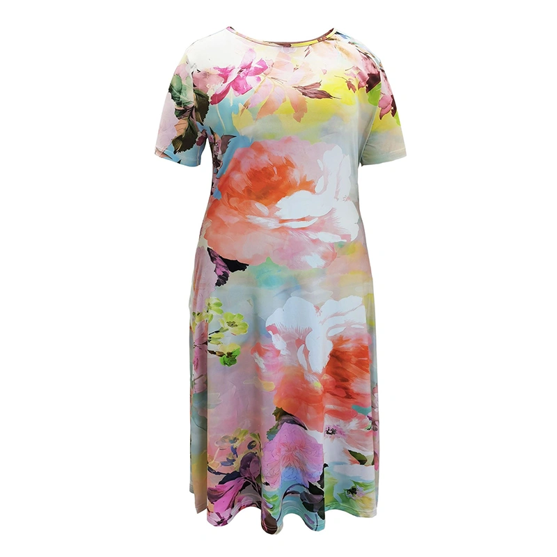 Women's Midi Dress Floral Print Square Neck Short Sleeve A-Line Dress