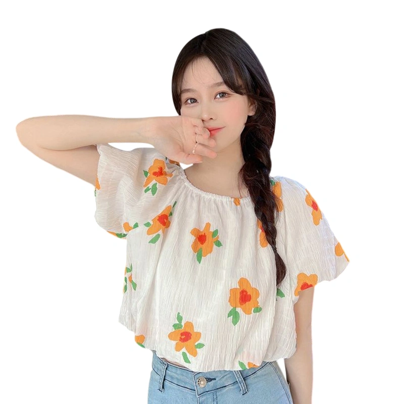 Women's Chiffon Shirt Off Shoulder Puff Sleeve Shirred Floral Tops 