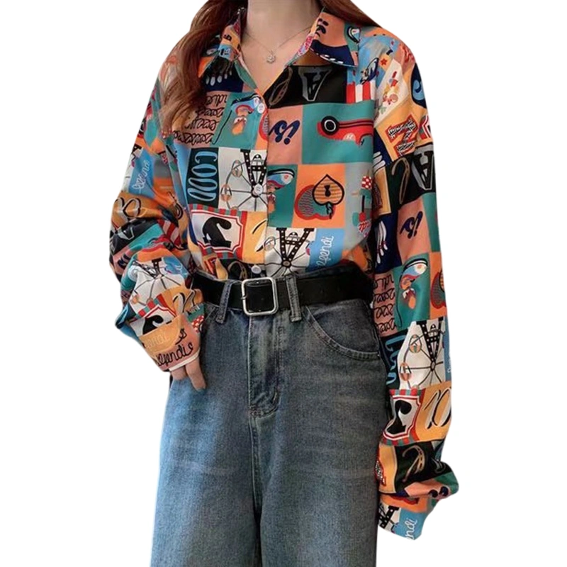 Women's Button Down Shirts Cartoon Print Loose Long Sleeve Tops