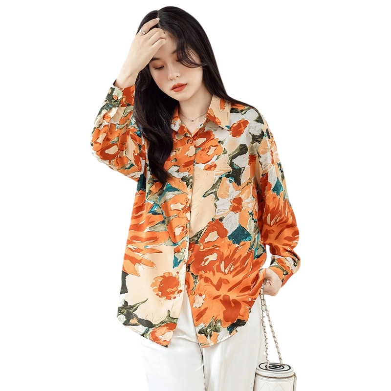 Women Shirt Long Sleeve Lapel Vintage Pattern Print Button Up T-shirt