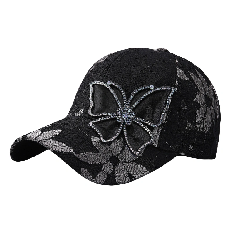 Women Baseball Hats Rhinestone Butterfly Flower Lace Mesh Peaked Cap