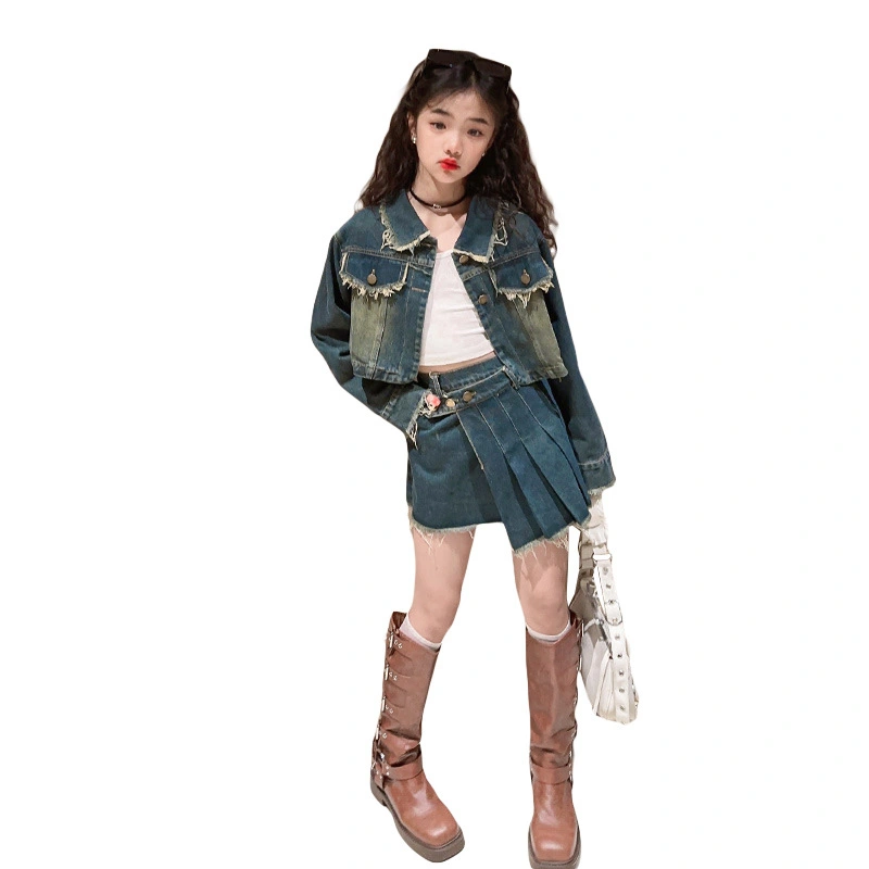 Girl Denim Set Long Sleeve Lapel Button Front Jacket Asymmetric Skirt 