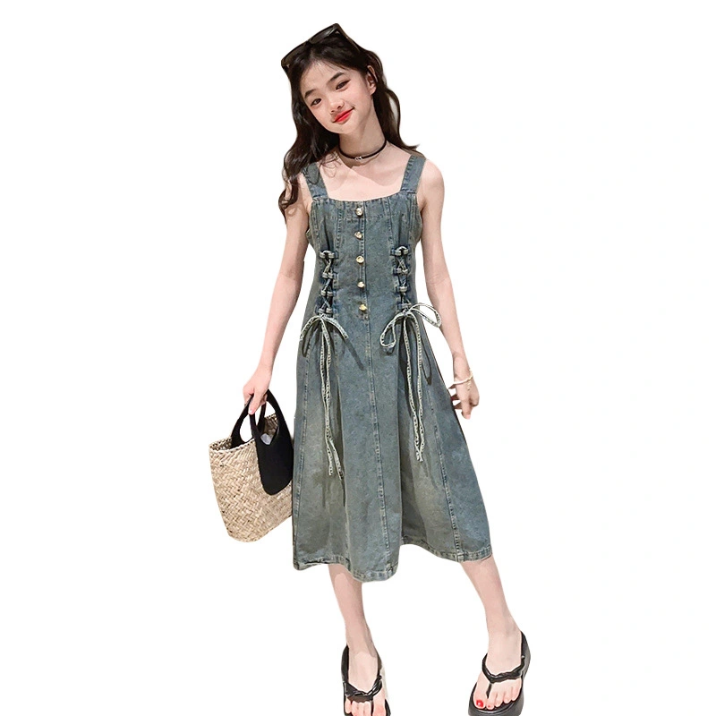 Kids Girls Denim Dress Solid Color Buttons Cross Tie-Up Jean Dress