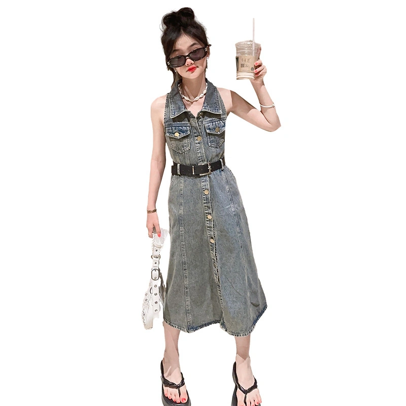 Baby Girls Denim Dress Casual Vintage Sleeveless Split Dress with Belt