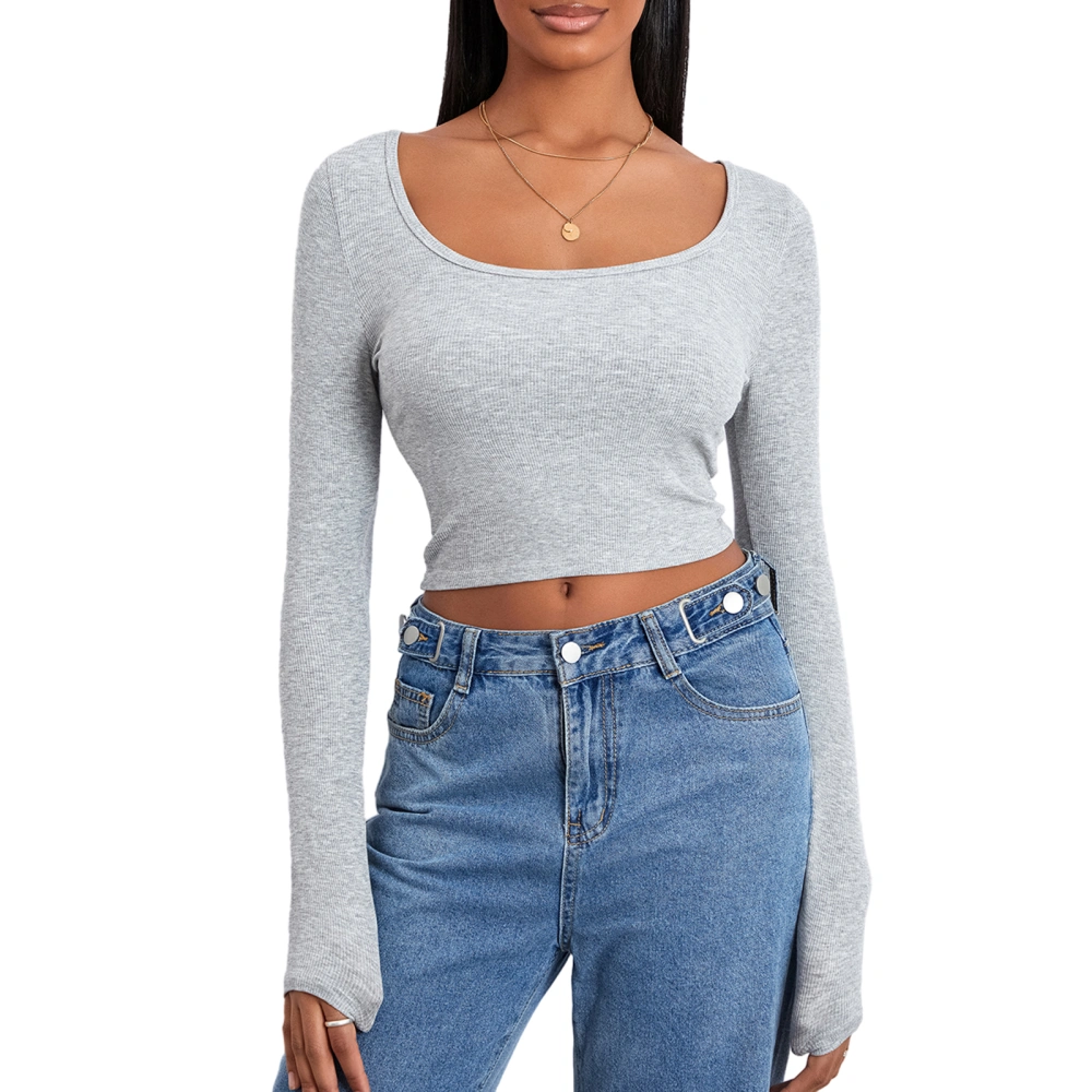 Women Long Sleeve Crop Tops Square Neck Solid Color T-Shirts