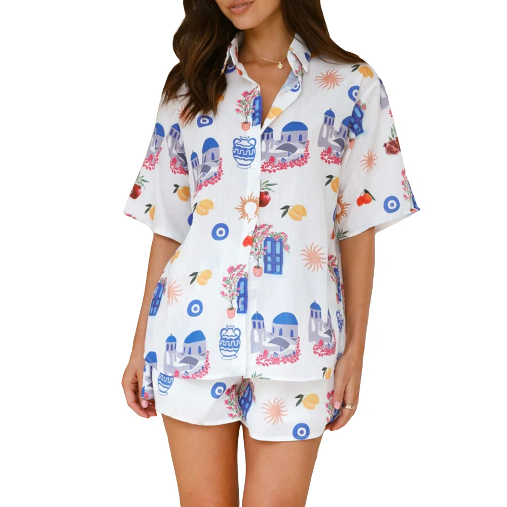 Women Pajama Set, Printed Short Sleeve Button Closure Shirt Shorts