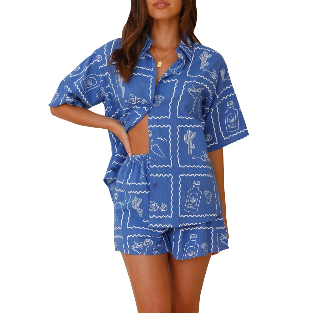 Women Lounge Set Short Sleeve Lapel Tops Pattern Print Shorts