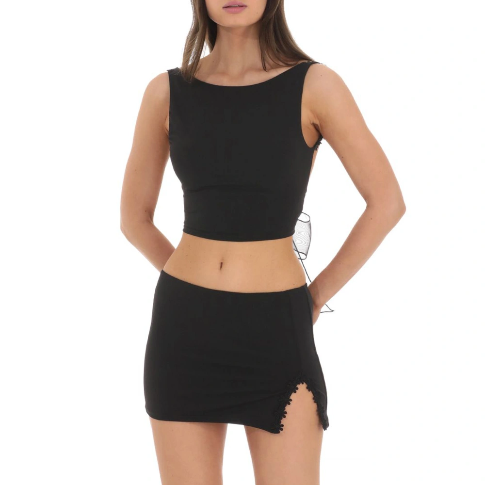 Women Crop Tank Tops Solid Color Sleeveless Open Back Bow Tops