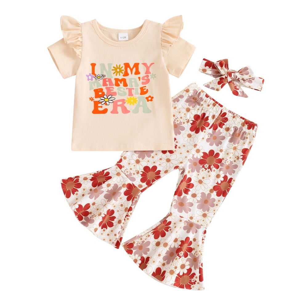 Girls Pants Sets Letter Print Tops Floral Flared Pants Headband Sets