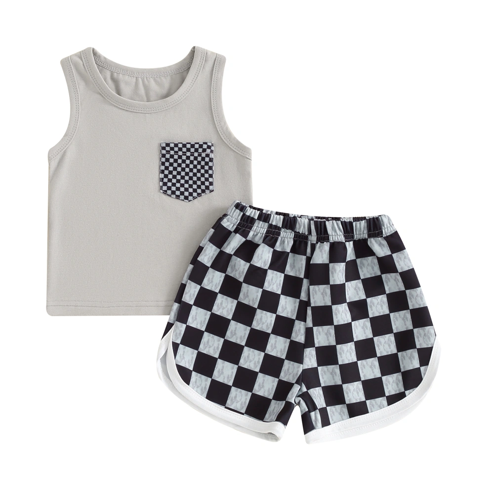 Boys Shorts Sets White Tank Tops and Checkerboard Print Shorts Sets