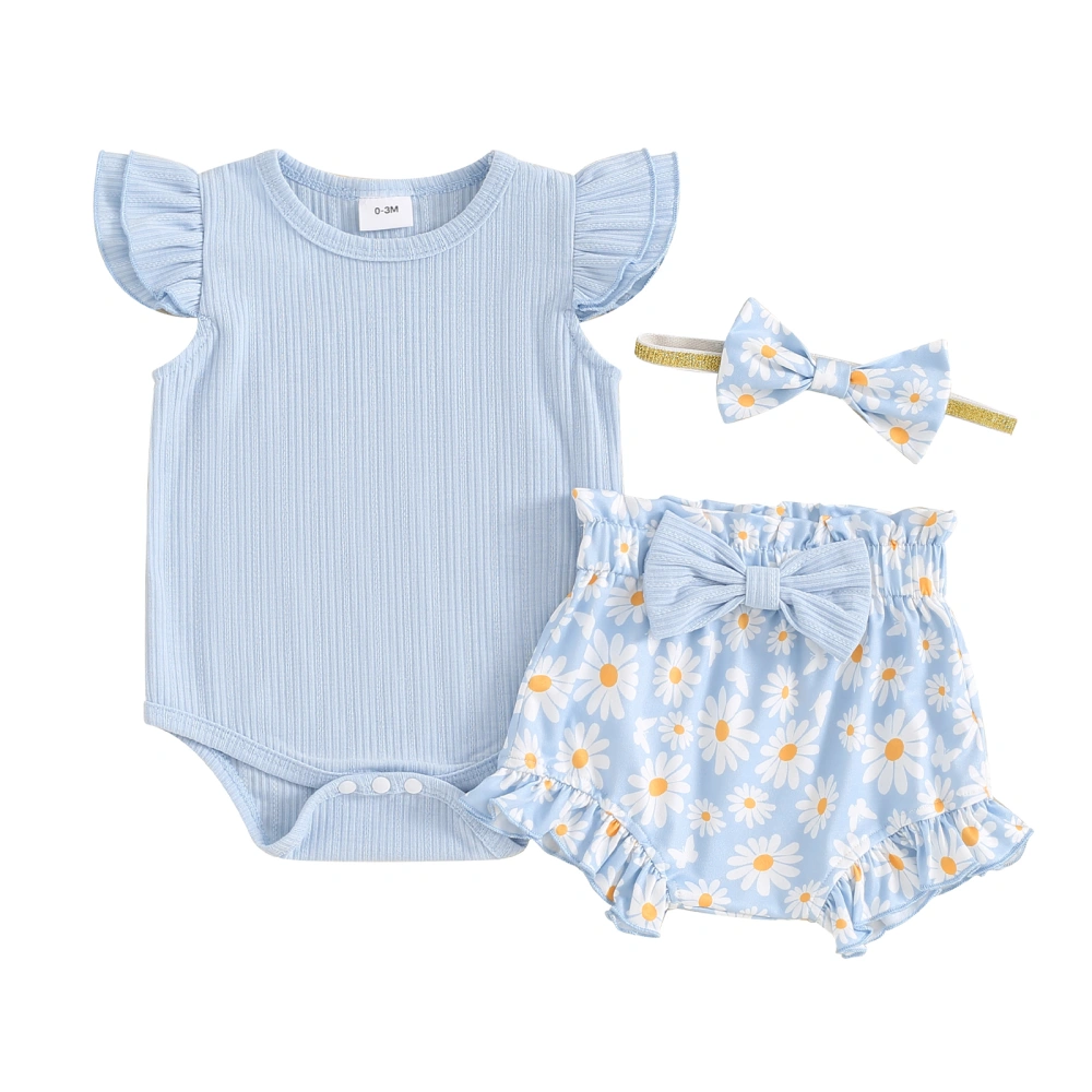 Baby Girls Summer Outfit Fly Sleeve Romper + Bow Shorts + Headband