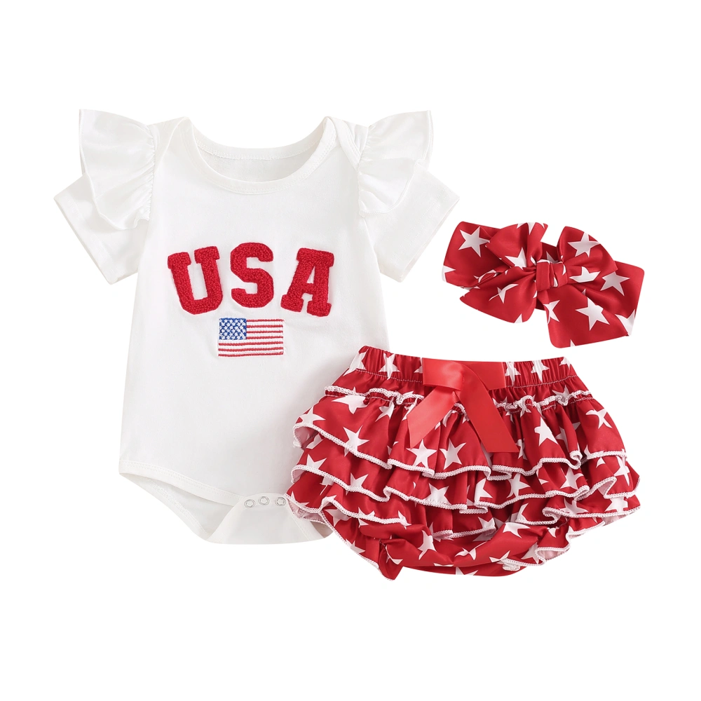 Baby Girls Shorts Set, Short Sleeve Romper with Stars Shorts Hairband