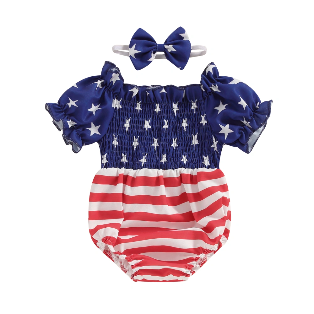 4th of July Baby Girls Rompers Stripe Stars Print Boat Neck Bodysuit