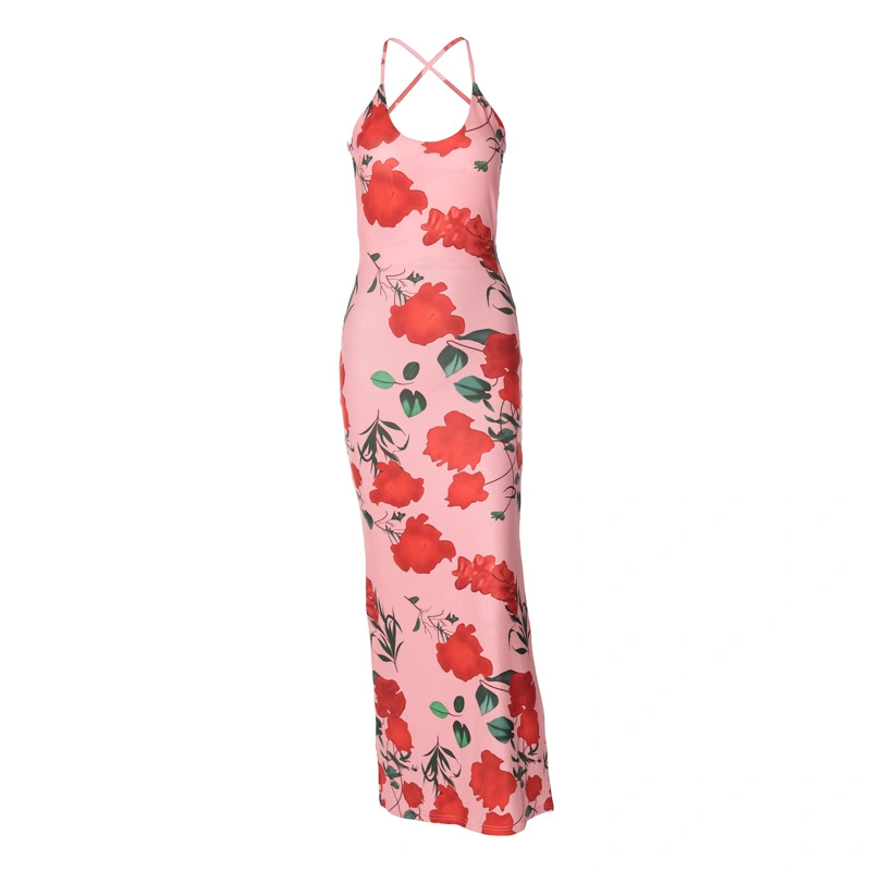 Women's Long Cami Dress Floral Print U-Neck Back Cross Slim Dress