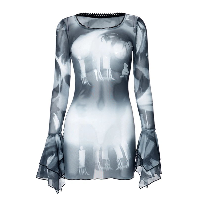 Women Bodycon Dress, Long Sleeve Crew Neck Candle Print Mini Dress