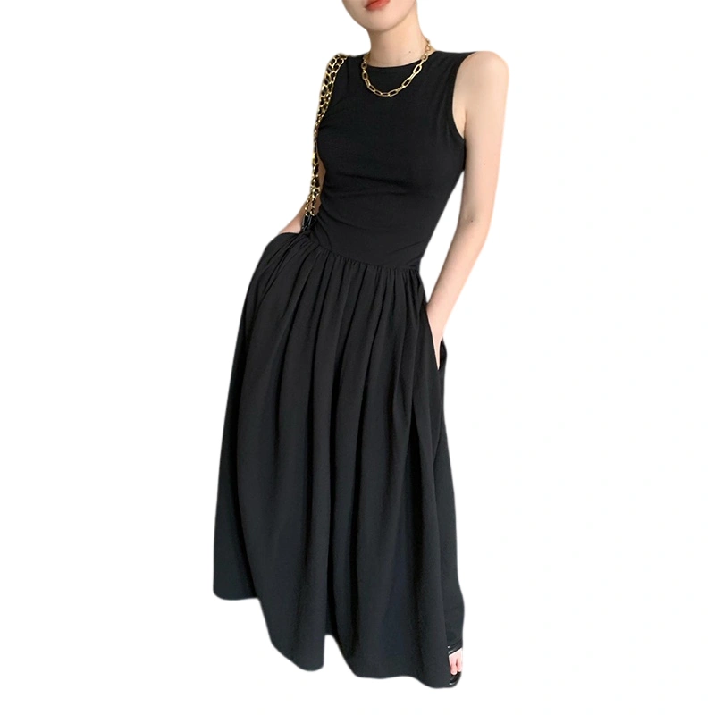 Women Tank Dress Solid Color Round Neck Sleeveless Long Dress