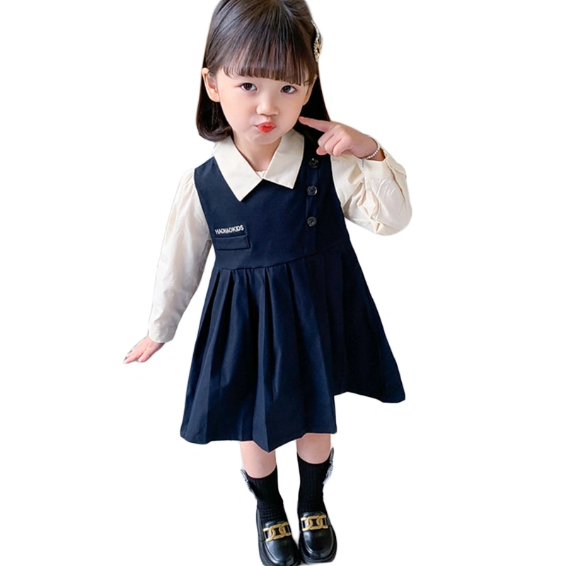 Girls Fake-Two Pieces Dress Long Sleeve Lapel A-line Shirt Dress