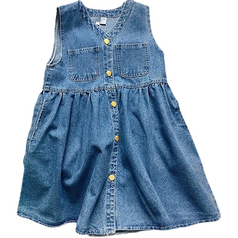 Little Girl's Denim Tank Dress V Neck Sleeveless Button Down Dress 