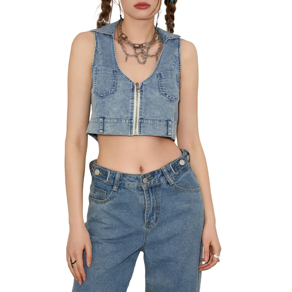 Women Tank Top, Sleeveless Tops Turn-down Collar Zipped Denim Vest