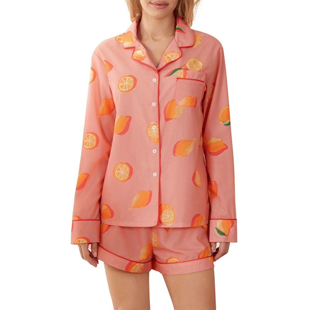 Women's Pajama Set, Lapel Neck Long Sleeve Tops + Elastic Waist Shorts